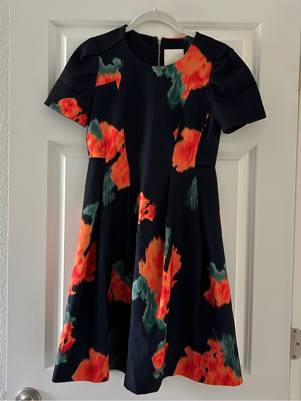 Anthropologie Navy Floral Fit-and-Flare Dress wAbstract Orange & Green Blooms